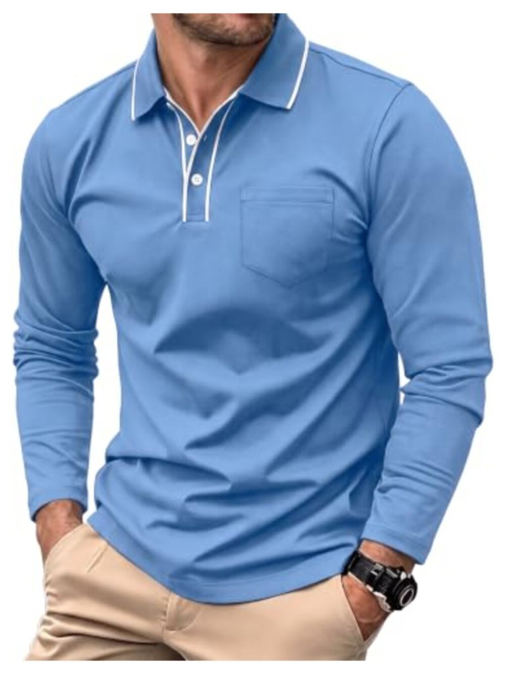 Bluewolfsea Men's Long Sleeve Polo Shirt Casual Golf Shirts with Pocket